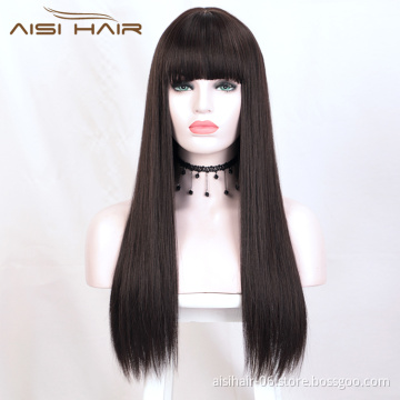 Aisi Hair Top Quality 24 Inch Long Silky Straight Black Lace Wig With Bangs Cheap Synthetic Hair Lace Front Wigs For Women